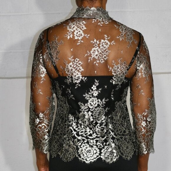 Silver and Black Eyelah Lace Snap-Up Blouse - Size Medium - Picture 3 of 8